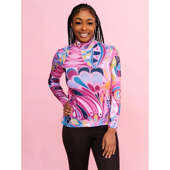 Lesley Evers Floral Mock Neck Long Sleeve Top in Shakalaka Lilac Size Tiny or S - Picture 1 of 10